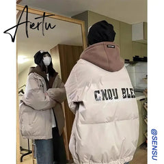 Women Black Down Jacket Coat Letter Fashion Hooded Streetwear Windproof Thicken Duck Down Feather Female Puffer Winter Outwear Aiertu