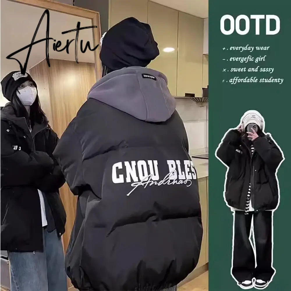 Women Black Down Jacket Coat Letter Fashion Hooded Streetwear Windproof Thicken Duck Down Feather Female Puffer Winter Outwear Aiertu