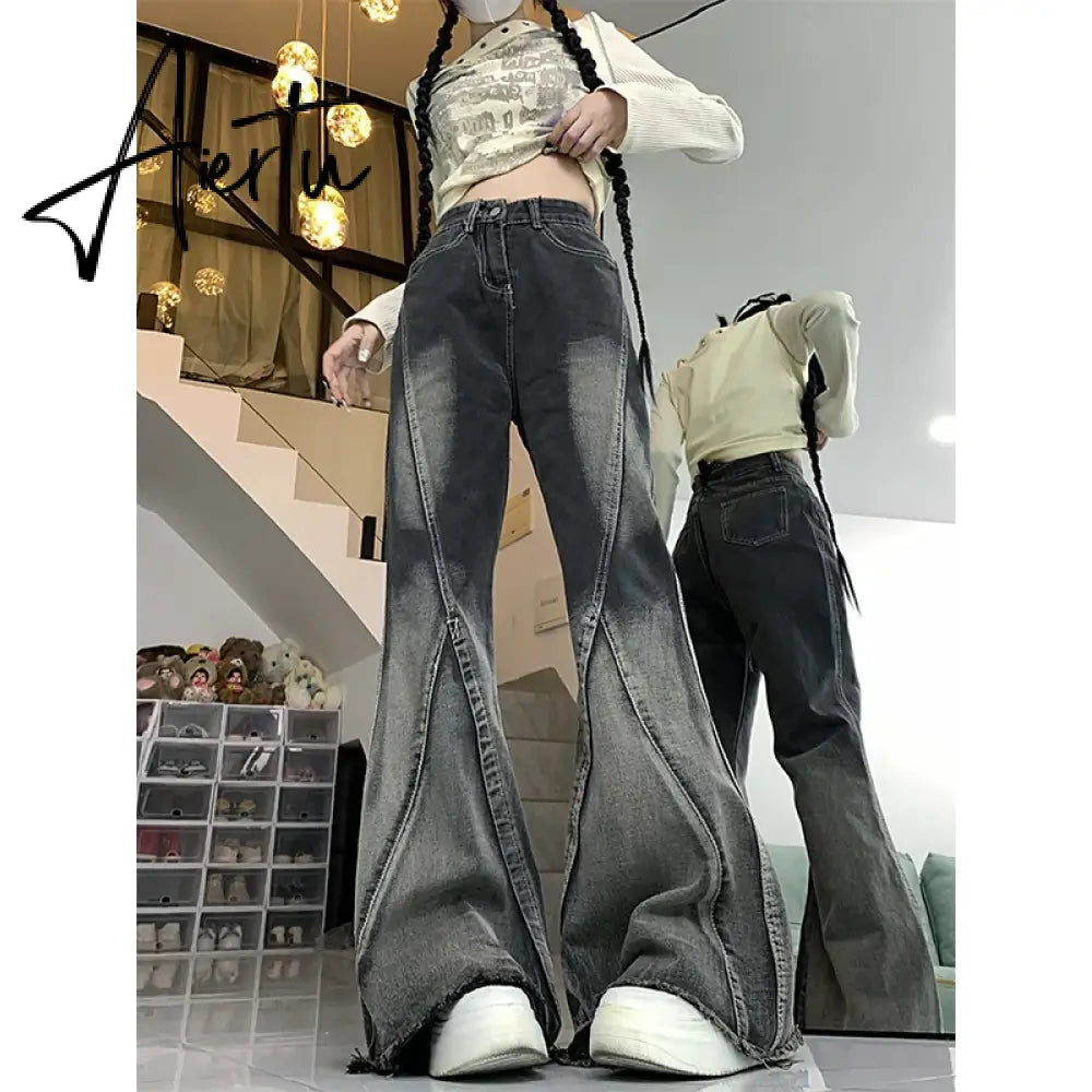 Women Black Gothic Jeans Harajuku Y2k 90s Aesthetic Vintage Fashion Denim Trousers 2000s Wide Jean Pants Trashy Emo Clothes Aiertu