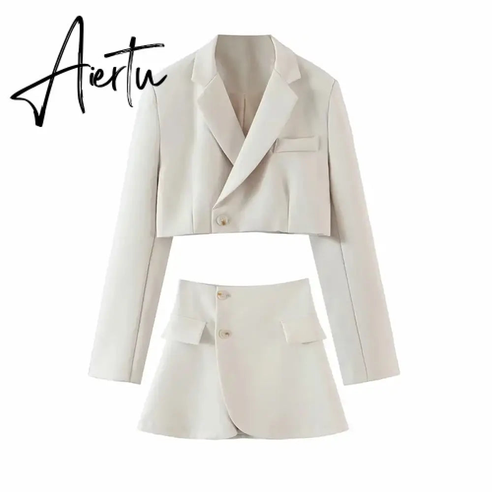 Women Blazer Clothing Two Piece Set Women Suits With Skirt Female Suit Tweed Long Sleeves Short Skirt Suits Blazer Aiertu