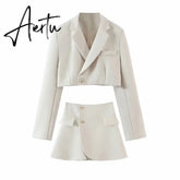 Women Blazer Clothing Two Piece Set Women Suits With Skirt Female Suit Tweed Long Sleeves Short Skirt Suits Blazer Aiertu