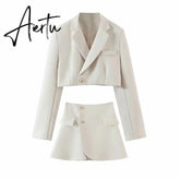 Women Blazer Clothing Two Piece Set Women Suits With Skirt Female Suit Tweed Long Sleeves Short Skirt Suits Blazer Aiertu