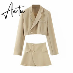 Women Blazer Clothing Two Piece Set Women Suits With Skirt Female Suit Tweed Long Sleeves Short Skirt Suits Blazer Aiertu