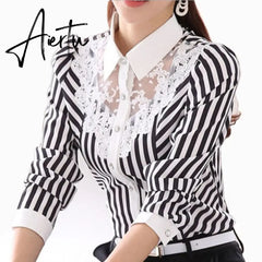 Women Blouse Long Sleeve Lace Tops Striped Turn-Down Collar Blouses Official Female Formal Shirt Spring Autumn Aiertu