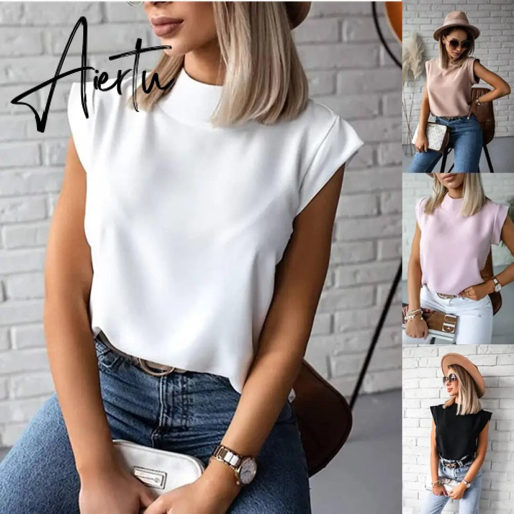 Women Blouse New Casual Solid Korean Shirt Elegant Slim Stand Collar Short Sleeve Women's Tops Blusa Mujer Female Blusas Aiertu