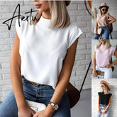 Women Blouse New Casual Solid Korean Shirt Elegant Slim Stand Collar Short Sleeve Women's Tops Blusa Mujer Female Blusas Aiertu
