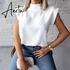 Women Blouse New Casual Solid Korean Shirt Elegant Slim Stand Collar Short Sleeve Women's Tops Blusa Mujer Female Blusas Aiertu