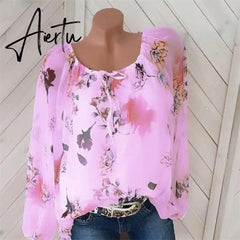 Women Blouse Shirt Plus Size Long Sleeve Top Casual Women clothing Loose Blouse Shirts Floral Lace Up Shirts Blousa Women Aiertu