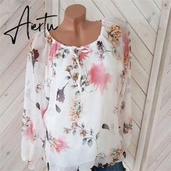 Women Blouse Shirt Plus Size Long Sleeve Top Casual Women clothing Loose Blouse Shirts Floral Lace Up Shirts Blousa Women Aiertu