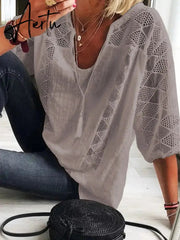 Women Blouse V-Neck Three Quarter Sleeve Casual Tops Hollow Out Loose Ladies Shirt Lace-up Office Work Wear Summer Blouse Aiertu