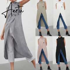 Women Blouses Celmia Asymmetrical Retro Tops Sleeveless Button Down Casual Split Long Shirt Loose Elegant Office Tunics Aiertu