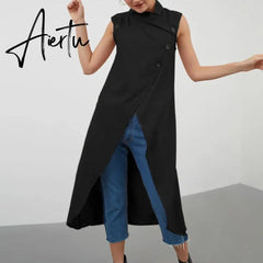 Women Blouses Celmia Asymmetrical Retro Tops Sleeveless Button Down Casual Split Long Shirt Loose Elegant Office Tunics Aiertu