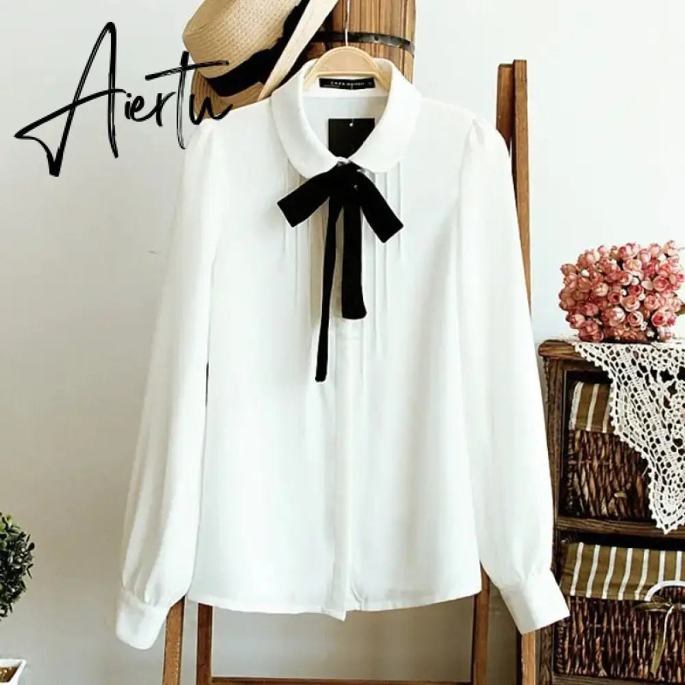 Women Blouses Elegant Chiffon Shirt Black Bow Tie Peter pan Collar Casual Shirt Ladies Tops School Style Girl Blouse 2 style Aiertu