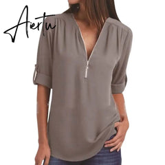 Women Blouses Summer Elegant V Neck Roll Up Long Sleeve Zipper Tunic Chiffon Tops Casual Loose Blue Shirt Female S-5XL Plus Size Aiertu