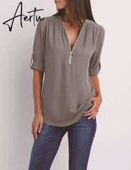 Women Blouses Summer Elegant V Neck Roll Up Long Sleeve Zipper Tunic Chiffon Tops Casual Loose Blue Shirt Female S-5XL Plus Size Aiertu