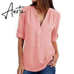 Women Blouses Summer Elegant V Neck Roll Up Long Sleeve Zipper Tunic Chiffon Tops Casual Loose Blue Shirt Female S-5XL Plus Size Aiertu
