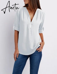 Women Blouses Summer Elegant V Neck Roll Up Long Sleeve Zipper Tunic Chiffon Tops Casual Loose Blue Shirt Female S-5XL Plus Size Aiertu