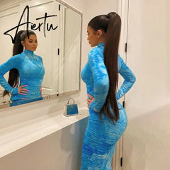 Women Bodycon Dresses Midi Elastic Summer Lady Long Sleeve Dress Pleated Printed Evening Sexy Party Female Clothing Aiertu