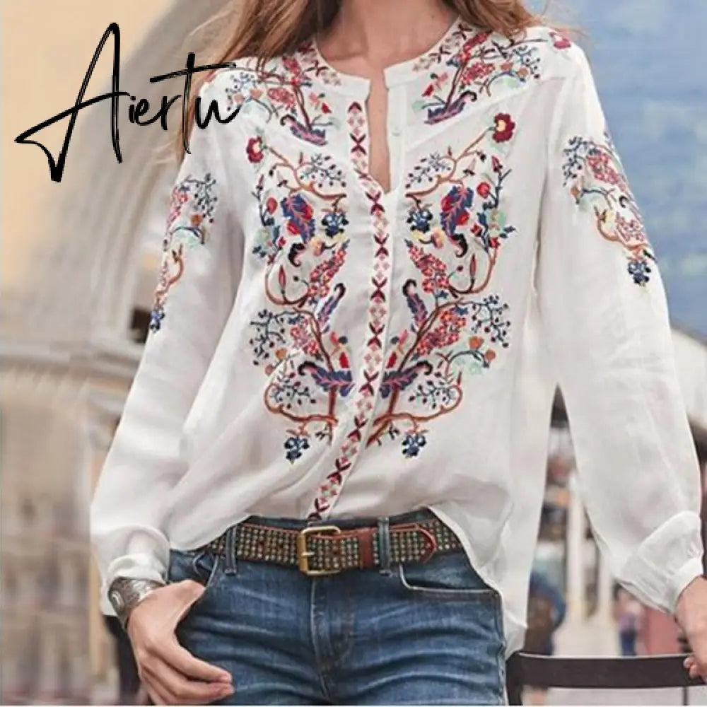 Women Bohemian Clothing Blouse Shirt Vintage Printed Tops Ladies Blouses Blusa Feminina Long Sleeve Shirts For Women Clothes Aiertu