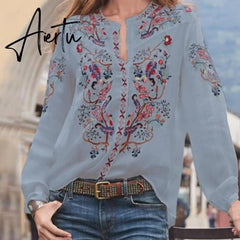Women Bohemian Clothing Blouse Shirt Vintage Printed Tops Ladies Blouses Blusa Feminina Long Sleeve Shirts For Women Clothes Aiertu
