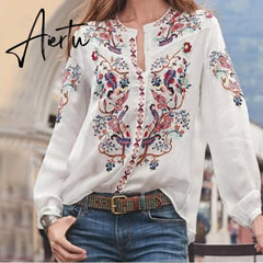 Women Bohemian Clothing Blouse Shirt Vintage Printed Tops Ladies Blouses Blusa Feminina Long Sleeve Shirts For Women Clothes Aiertu
