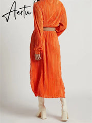 Women Buttons Down Shirt Dress Long Sleeve Deep V Neck Solid Ruched Long Dress Side Split Party Female Aiertu