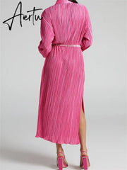 Women Buttons Down Shirt Dress Long Sleeve Deep V Neck Solid Ruched Long Dress Side Split Party Female Aiertu