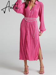 Women Buttons Down Shirt Dress Long Sleeve Deep V Neck Solid Ruched Long Dress Side Split Party Female Aiertu