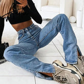 Women Casual High Waist Solid Straight Jeans Side Split Blue Denim Trousers Solid Streetwear Jeans Baggy Pants Pantalons Capris Aiertu