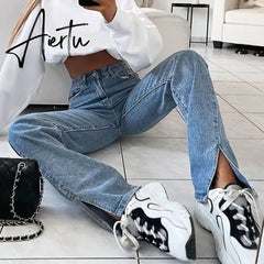 Women Casual High Waist Solid Straight Jeans Side Split Blue Denim Trousers Solid Streetwear Jeans Baggy Pants Pantalons Capris Aiertu