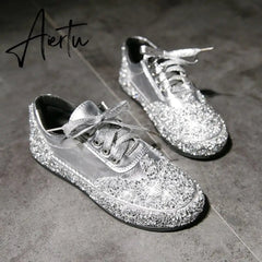 Women Casual Shoes Sequin Jelly Color Crystal Silver Shoes Flat Sneakers Spring Fashion Trend Comfortable Vulcanized Sneakers Aiertu