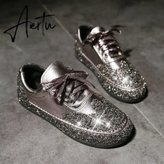 Women Casual Shoes Sequin Jelly Color Crystal Silver Shoes Flat Sneakers Spring Fashion Trend Comfortable Vulcanized Sneakers Aiertu