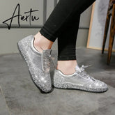 Women Casual Shoes Sequin Jelly Color Crystal Silver Shoes Flat Sneakers Spring Fashion Trend Comfortable Vulcanized Sneakers Aiertu
