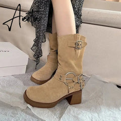 Women Casual Shoes Vintage Cowboy Boot Frosted Leather Thick Heel Brown Fashionable Soft Leather Shoes Mid Length Boots Aiertu