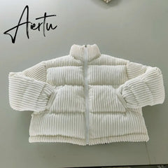 Women Casual Stripes Solid Corduroy Coat Stand Collar Long-sleeved Slim Harajuku Jacket Streetwear Hipster Female Outfits Aiertu