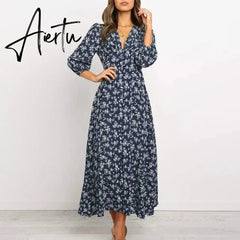 Women Chiffon Long Dress Floral Print Lantern Sleeve A-line Maxi Vestidos Autumn New Elegant Vintage V Neck Winter Dresses Aiertu