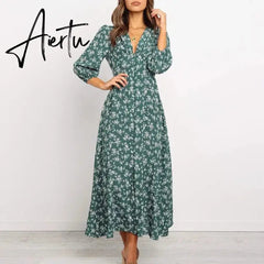 Women Chiffon Long Dress Floral Print Lantern Sleeve A-line Maxi Vestidos Autumn New Elegant Vintage V Neck Winter Dresses Aiertu