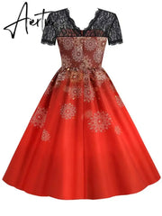 Women Christmas Dress Short Sleeve Lace Sexy Evening Party Dresses Tunic 50s Hepburn Elegant Sundress Aiertu