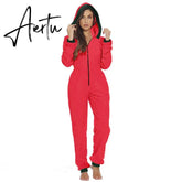 Women Christmas Hooded Pajama Coral Fleece Solid Color Zipper Jumpsuit Lady Winter Thermal Home Sleep Wear Green/Pink/Red Aiertu