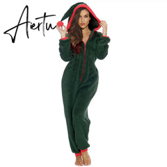 Women Christmas Hooded Pajama Coral Fleece Solid Color Zipper Jumpsuit Lady Winter Thermal Home Sleep Wear Green/Pink/Red Aiertu