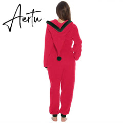 Women Christmas Hooded Pajama Coral Fleece Solid Color Zipper Jumpsuit Lady Winter Thermal Home Sleep Wear Green/Pink/Red Aiertu