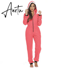 Women Christmas Hooded Pajama Coral Fleece Solid Color Zipper Jumpsuit Lady Winter Thermal Home Sleep Wear Green/Pink/Red Aiertu