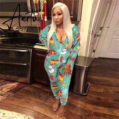 Women Christmas Printed Pattern Jumpsuit Long Sleeve Zipper Closure Hooded Overalls Winter Sleep Home Wear Clothes Red/ Green Aiertu