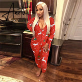 Women Christmas Printed Pattern Jumpsuit Long Sleeve Zipper Closure Hooded Overalls Winter Sleep Home Wear Clothes Red/ Green Aiertu