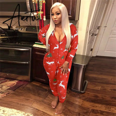 Women Christmas Printed Pattern Jumpsuit Long Sleeve Zipper Closure Hooded Overalls Winter Sleep Home Wear Clothes Red/ Green Aiertu