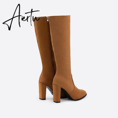 Women Chunky High Heeled Retro Side Zip Below Knees Boots mysite