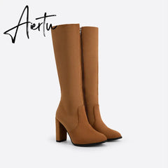 Women Chunky High Heeled Retro Side Zip Below Knees Boots mysite