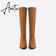 Women Chunky High Heeled Retro Side Zip Below Knees Boots mysite