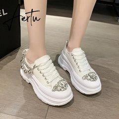 Women Chunky Sneakers Rhinestone Platform Sports Shoes Summer Height Increasing Casual Shoes 7CM High Heels Women Canvas Shoe Aiertu