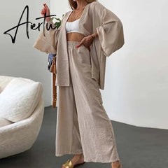 Women Cotton Linen 2 Pieces Pajamas Set Long Sleeve Cardigan Tops Elastic Wide Leg Pants Suit Loose Sleepwear Set Ladies Outfits Aiertu